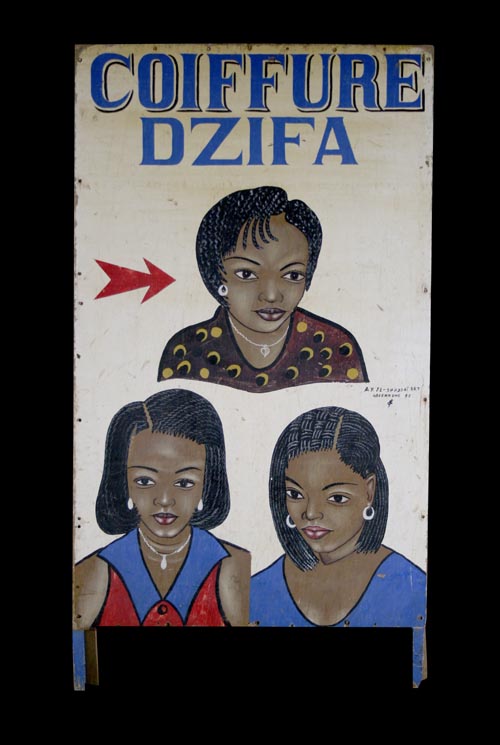 Vintage short commercial art sign advertising the Dzifa Coiffure salon, 3 women heads, different hairstyles, side B