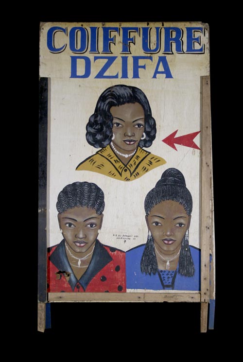 Vintage short commercial art sign advertising the Dzifa Coiffure salon, 3 women heads, different hairstyles, side A