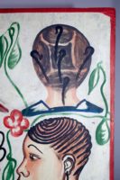 Painted by Joel in Adjame, Abidjan, 4 women's heads on a white background, upper right portrait