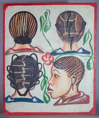 Painted by Joel in Adjame, Abidjan, 4 women's heads on a white background